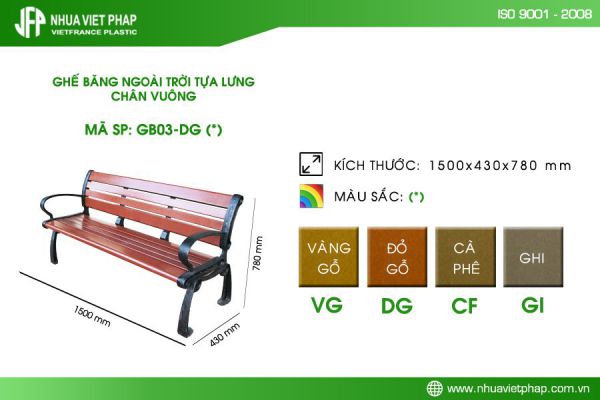 Ghế băng ngoài trời tựa lưng chân vuông GB03