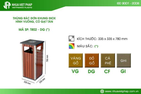 Thùng rác đơn khung inox TR02 ngoài trời có gạt tàn